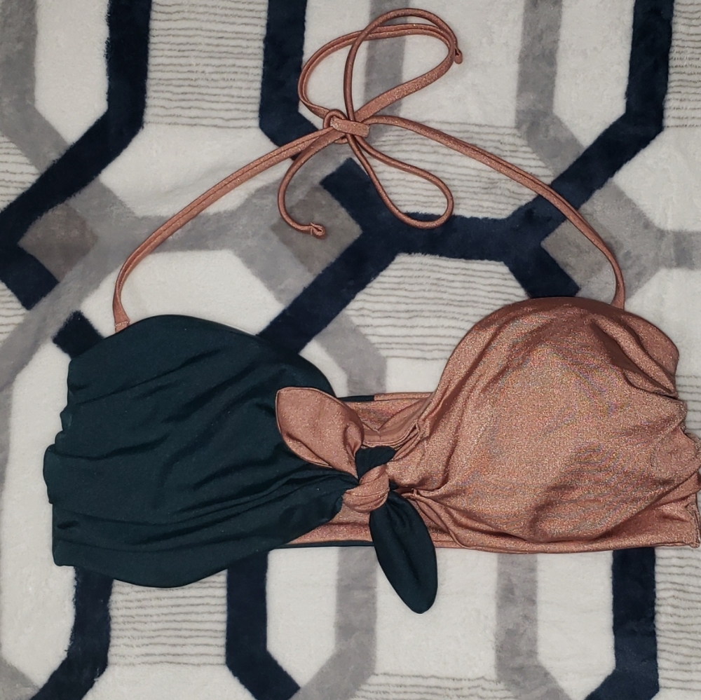 👑 Tori Praver Bandeau Swim Bikini Top Sheen Shimmer Green & Rose Gold Large